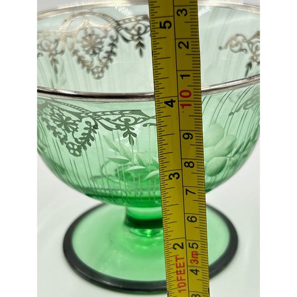 Vintage Green Glass Pedestal Bowl Footed Dish Sterling Silver Overlay Design - Picture 9 of 9